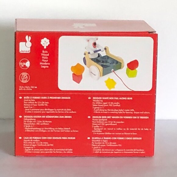 Janod Zigolos Pull Along Shape Box Bear Baby Toy 2 Game in 1 Brand New For12m + - Picture 7 of 7